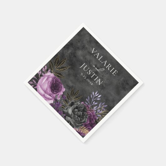 ゴシック色の紫と黒のフローラ結婚ズ スタンダードカクテルナプキン (角)