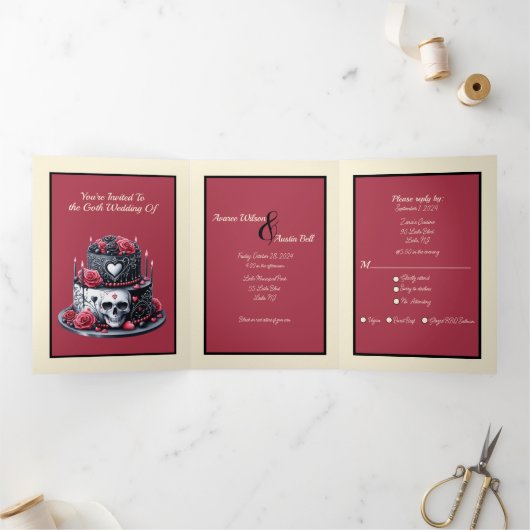 ゴシック赤と結婚黒のケーキ 三つ折り招待状 (内部)