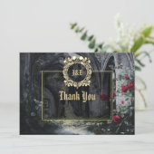 ゴシック遺跡バラの花 黒と金の結婚式 サンキューカード (スタンド正面)