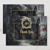 ゴシック遺跡バラの花 黒と金の結婚式 サンキューカード (正面/裏面)