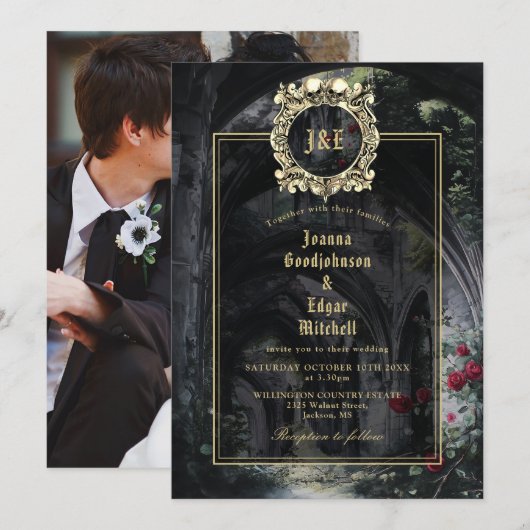 ゴシック遺跡バラモノグラムフォト結婚式 招待状 (正面/裏面)