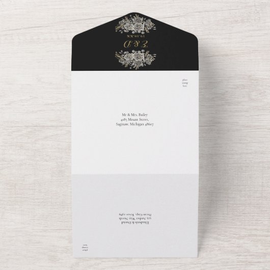 ゴシック金ゴールドとブラックフローラモノグラム結婚ズ オールインワン招待状 (外側)