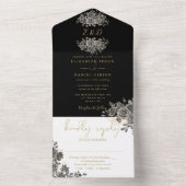 ゴシック金ゴールドとブラックフローラモノグラム結婚ズ オールインワン招待状 (内側)