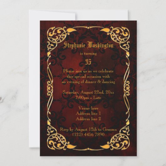 ゴシック金ゴールドフレーム35番目の誕生日 招待状 (裏面)