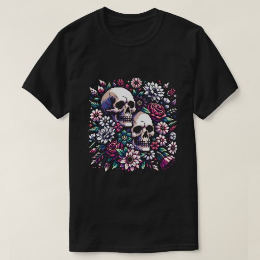 ゴシック開花 – 神秘的なフローラスカルピクセルアート Tシャツ (デザイン正面)