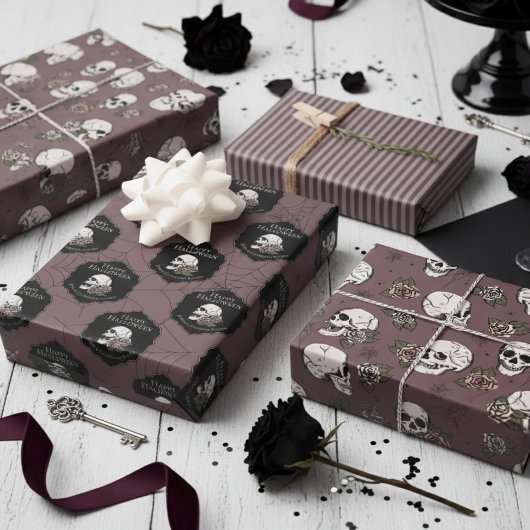 ゴシック風のプラムパープルスカルとストライプハロウィーン ラッピングペーパーシート
