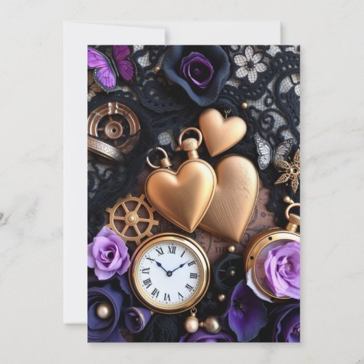 ゴシック風のレース、バラ、ポケットの時計結婚。 招待状 (裏面)