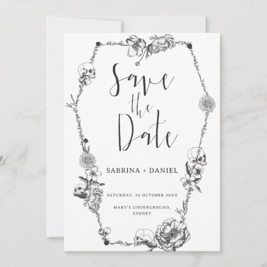 ゴシック風の手描き花スカル日付を保存Invi 招待状 (正面)