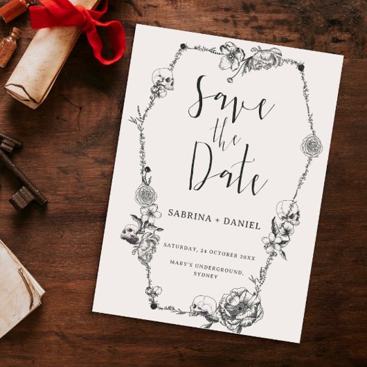 ゴシック風の手描き花スカル日付を保存Invi 招待状