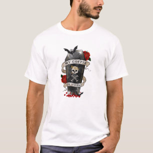 ゴシック風の棺とスカルとレッドローズ Tシャツ
