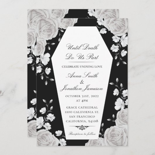 ゴシック風の棺の招待状とエレガントホワイトローズ 招待状 (正面/裏面)