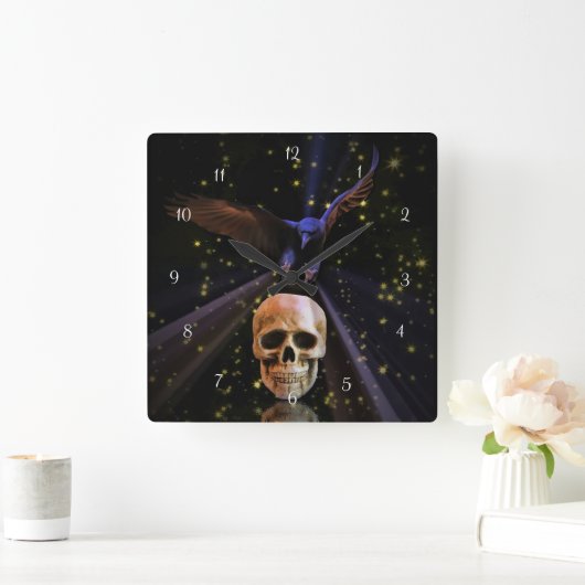 ゴシック風の渡り鳥またはカラスとスカル スクエア壁時計 (ホーム)