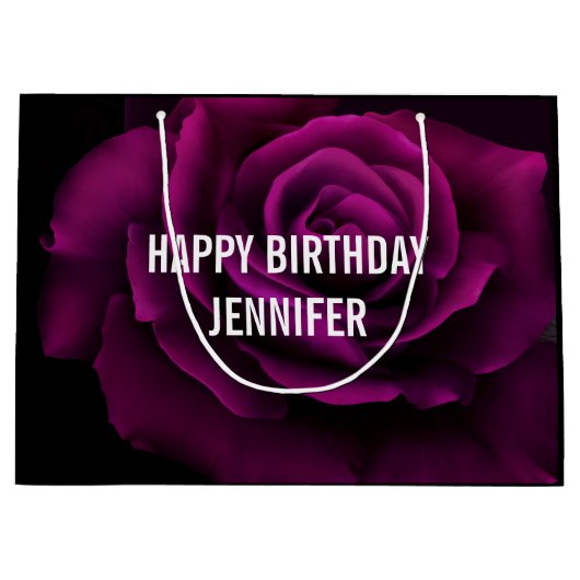 ゴシック風の紫色がかった赤バラの花の誕生日 ラージペーパーバッグ (正面)