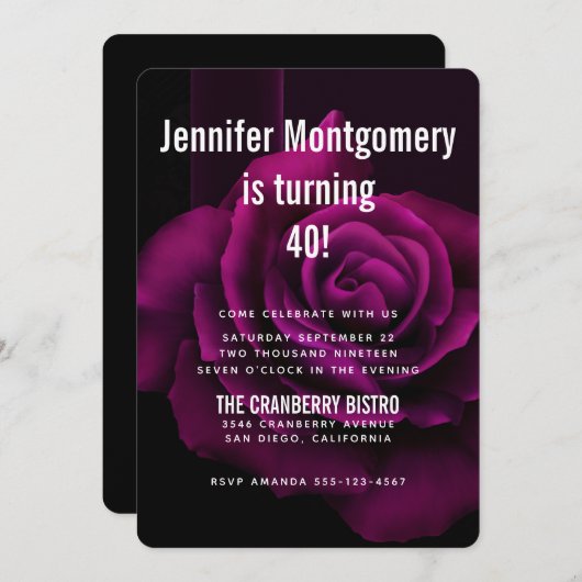 ゴシック風の紫色がかった赤バラの花の誕生日 招待状 (正面/裏面)