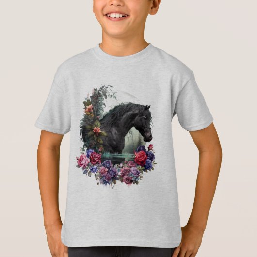 ゴシック風の花を着た黒クラシックのタリオンTシャツ Tシャツ (正面)