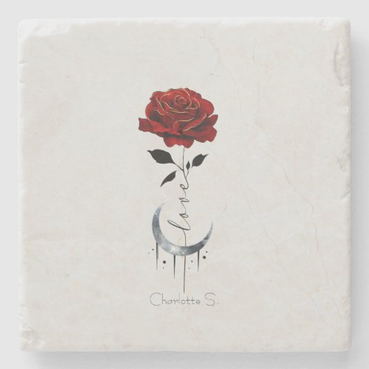 ゴシック風の赤いバラと三日月と愛 ストーンコースター (正面)