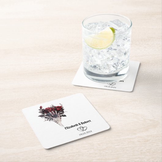 ゴシック風の赤いバラの結婚骨格 スクエアペーパーコースター (インサイチュ)