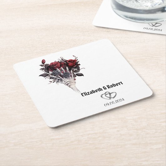 ゴシック風の赤いバラの結婚骨格 スクエアペーパーコースター (アングル)