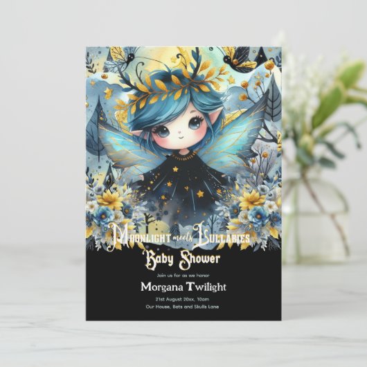 ゴシック風の赤ちゃんシャワーかわいい女の子の月光の子子子子連れ 招待状 (スタンド正面)