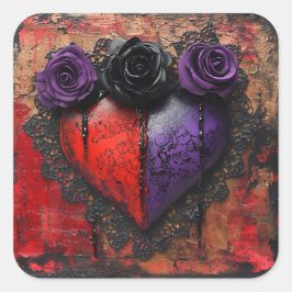 ゴシック風の赤と紫のハート（花あり） スクエアシール