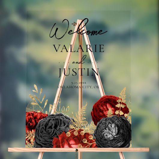 ゴシック風の赤と黒のフローラ結婚歓迎 アクリルサイン (ニュートラル)