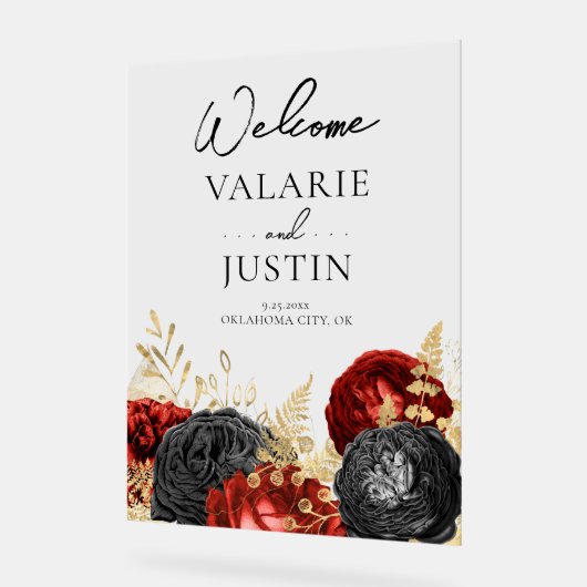 ゴシック風の赤と黒のフローラ結婚歓迎 アクリルサイン (傾斜)