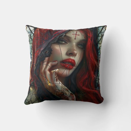 ゴシック風の赤毛の修道女 – 濃いステンドグラス クッション (裏面)