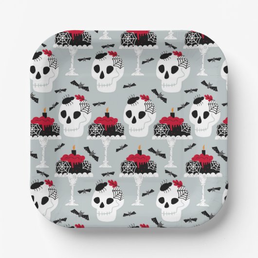 ゴシック骨格スカルパーティーケーキこうもりクモ ペーパープレート (正面)