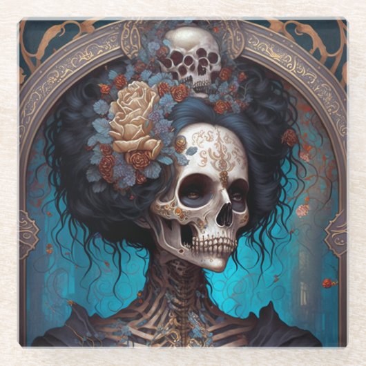 ゴシック骨格スカル女性ゴシック ガラスコースター (正面)
