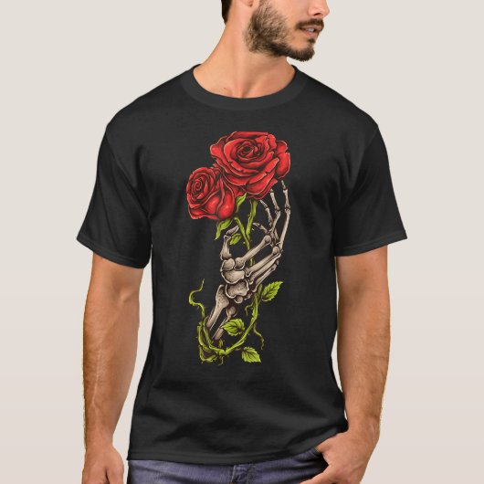 ゴシック骨格手赤バラ花愛と死 Tシャツ (正面)