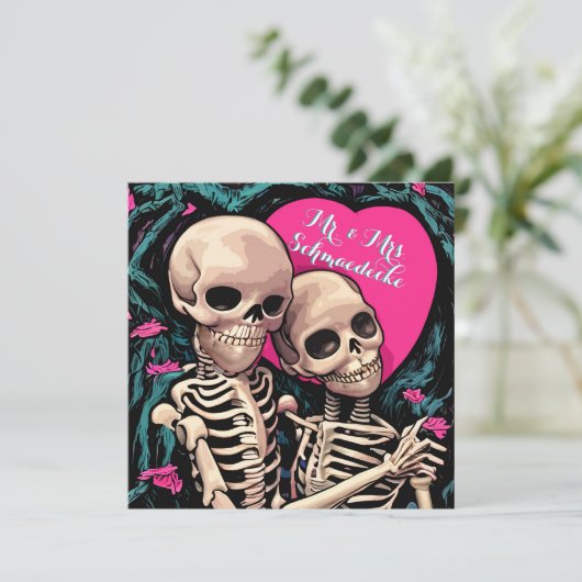 ゴシック骨格結婚サンキューカードピンクティール(緑がかった色) サンキューカード (スタンド正面)