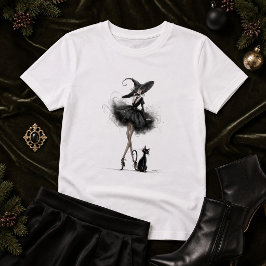 ゴシック・ウィッチと猫 - ダークフェミニン・ウィッチコアアート Tシャツ