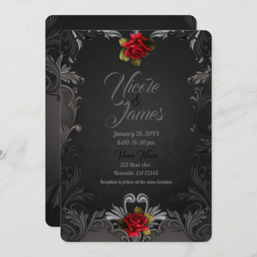 ゴシック グラムール 赤いバラ ブラック オーナメント ウェディング 招待状 (正面/裏面)