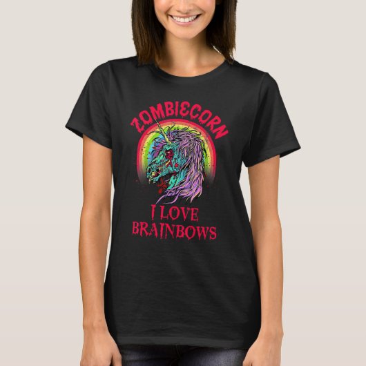 ゴシック・ゴス系ユニコーンのゾンビ "ブレインボウズ" Tシャツ (正面)