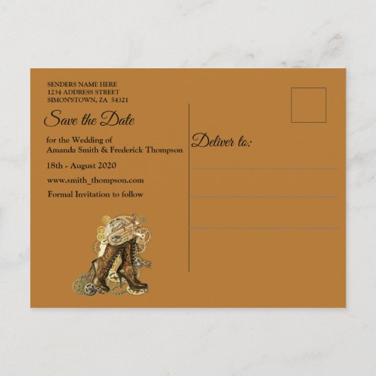 ゴシック – スエード結婚でのスチームパンクの日付を保存 案内ポストカード (裏面)