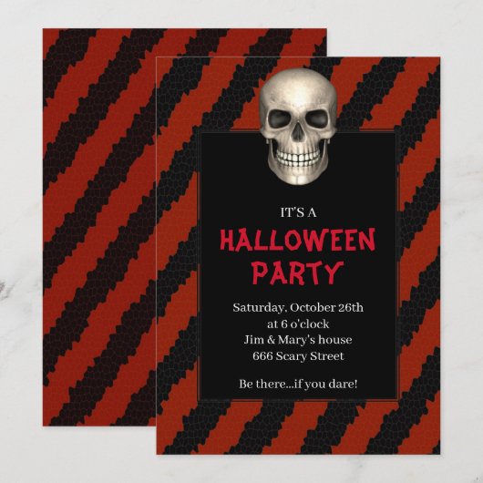 ゴシック・スカル赤ストライプ・ハロウィンパーティー 招待状 (正面/裏面)