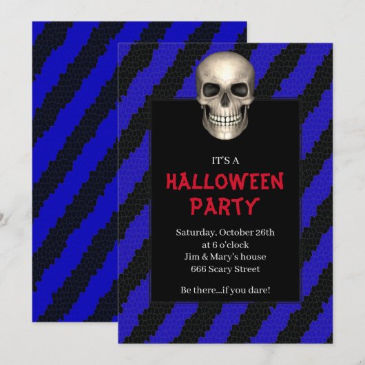 ゴシック・スカル・ブルーストライプ・ハロウィンパーティー 招待状 (正面/裏面)