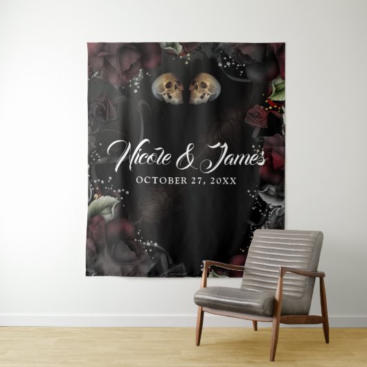 ゴシック スカル レッド ブラック ローズ ウェディング バックドロップ タペストリー (インサイチュ)