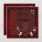 ゴシック スカル ローズ & ハート ブラック & レッド 誕生日 招待状 (正面/裏面)