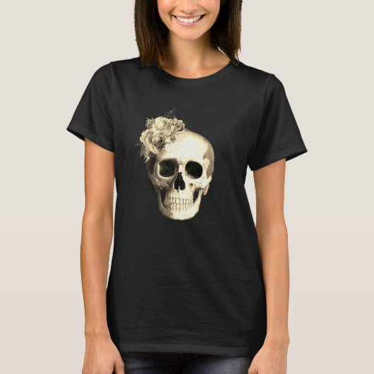 ゴシック スカル 白いバラ 黒 Tシャツ (正面)