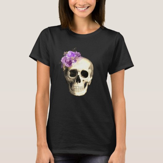ゴシック スカル 紫のバラ 黒 Tシャツ (正面)