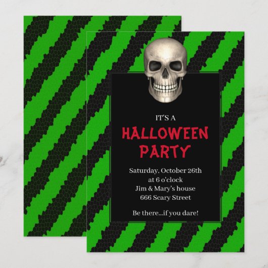 ゴシック スカル 緑 ストライプ ハロウィン パーティー 招待状 (正面/裏面)