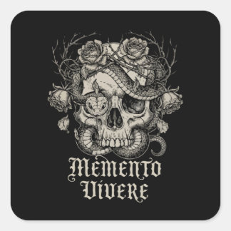 ゴシック スカル+蛇+バラのデザイン: Memento Vivere スクエアシール