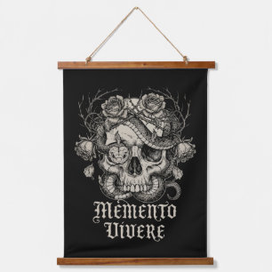 ゴシック スカル+蛇+バラのデザイン: Memento Vivere 吊り下げ型タペストリー