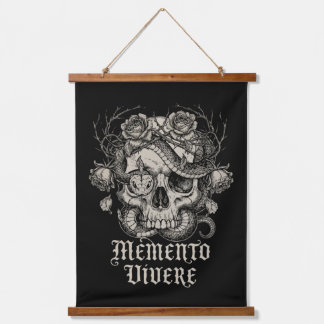 ゴシック スカル+蛇+バラのデザイン: Memento Vivere 吊り下げ型タペストリー