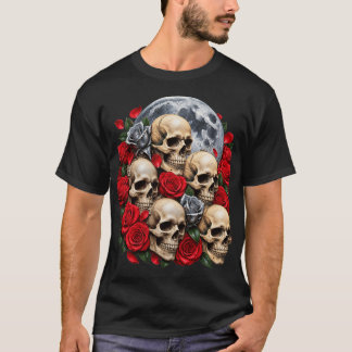 ゴシック スカル&赤いバラ Tシャツ | ヴィンテージ フラワー
