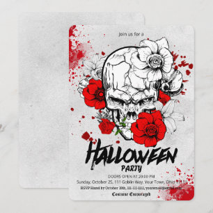 ゴシック・スケッチ・スカル・レッド・ローズ・ハロウィンパーティー 招待状