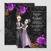 ゴシック スケルトン パープル フローラル ハロウィン ウェディング 招待状 (正面/裏面)