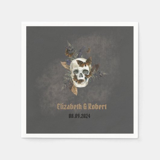 ゴシック フラワー スカル バタフライ ウェディング スタンダードカクテルナプキン (正面)