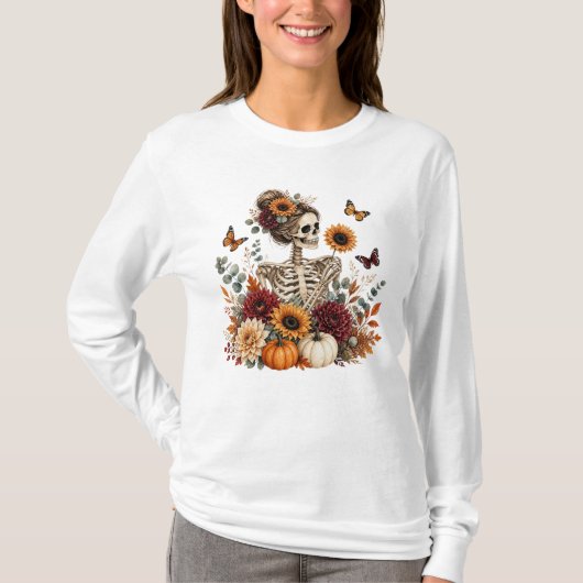 ゴシック フローラル スケルトン 秋 ハロウィン Tシャツ (正面)